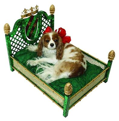 #ad Lavish Vintage Style Emerald Green Pet Dog Bed Gold Rattan Malachite Crown $855.80