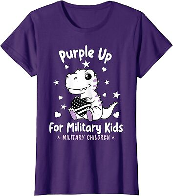 #ad Purple Up For Military Kids Month Military Child Dino Ladies#x27; Crewneck T Shirt $21.99