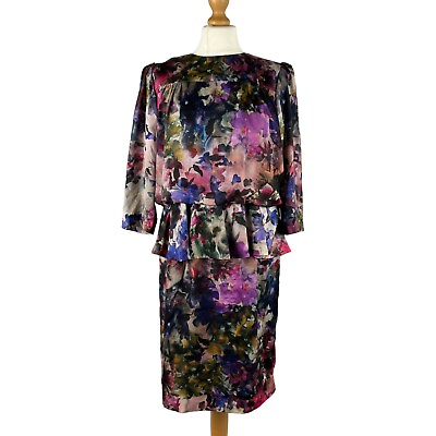 #ad Hobbs Floral Satin Peplum Shift Dress Size 12 Rose Audrey Hepburn Eveningwear GBP 10.46