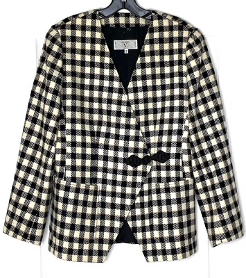 #ad VALENTINO Miss V Plaid Gingham Check Brocade Rope Wool Blazer Jacket 6 US S 40IT $299.25