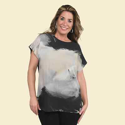 #ad TAMSY Khaki Brush Stroke Pattern Breathable Drop Sleeve Woven Knit Top M Gifts $33.76