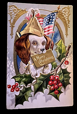 CHRISTMAS Patriotic Puppy Dog with USA FLAG Holly Antique Postcard d 537 $11.99