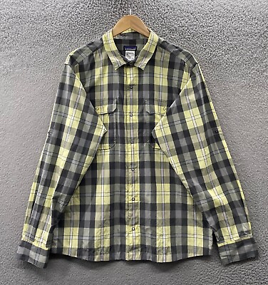 #ad Patagonia Button Up Shirt Men Large Yellow Gray Camp Roll Tab Sleeve Lightweight $23.10