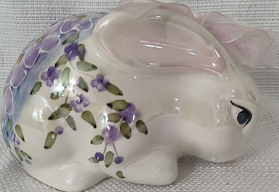 #ad Vtg Porcelain Bunny Figurine Purple Flowers On White W Pink Ribbon Easter EUC $6.00