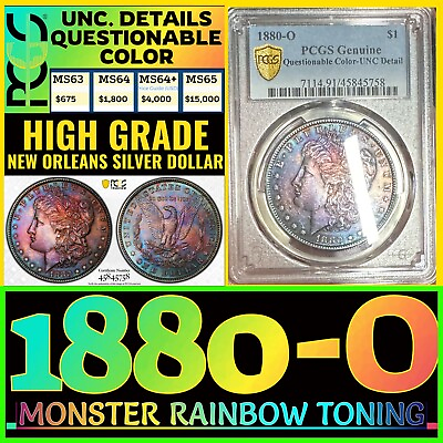 #ad 1880 O Morgan Silver Dollar PCGS UNC. Details MONSTER RAINBOW TONING Semi KEY $ $599.95