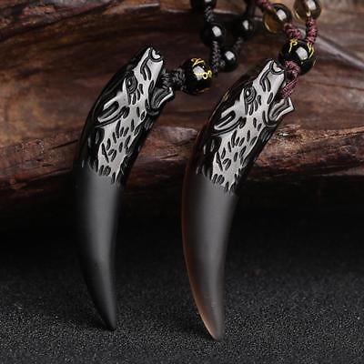 #ad Mens Necklace Wolf Tooth Stone Black And Ice Obsidian Pendant Amulet $28.72