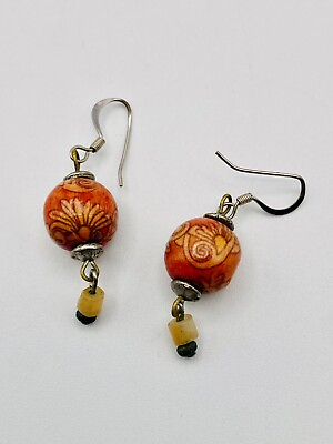 #ad Wood Bead Earrings Dangle Handmade Orange Flower $8.00