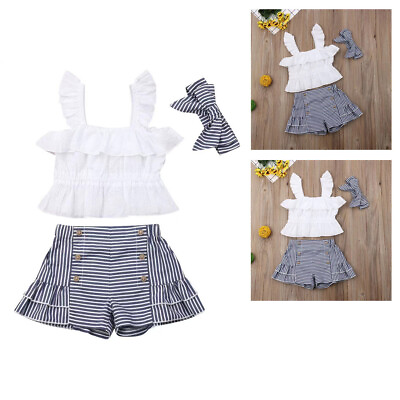 #ad Toddler Baby Girl Summer Clothes Ruffle Strap TopStripe ShortsHeadband Outfits $16.78
