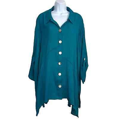 #ad Catherines Women#x27;s Size 3XWP Teal Crepe Button Roll Tab Sleeve Top SZ 26 28 WP $30.00