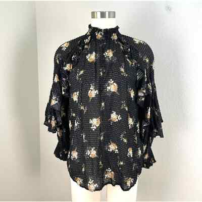 #ad Maje Womens Large Floral Ruffle Sleeve Boho Blouse Smocked Mock Neck Shirt Top $45.99