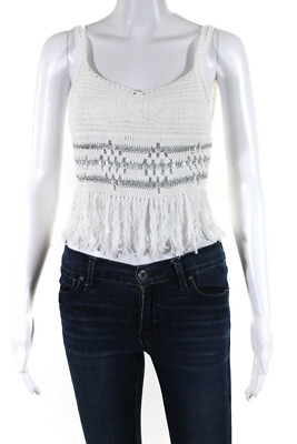 #ad Misa Womens Crochet Fringe Trim Tank Top White Silver Cotton Size Extra Small $42.69