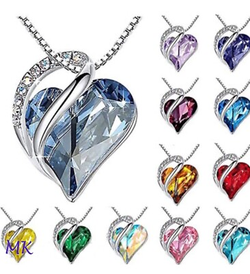 #ad #ad Women Birthstone Heart Silver Necklace Love Crystal Pendant Lady Fashion Gift $4.95