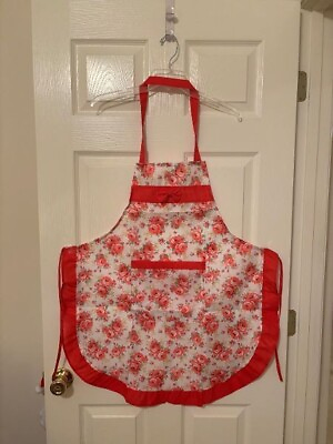 #ad Pink Floral Halter Apron With Pockets And Decorative Ruffle Trim $12.00