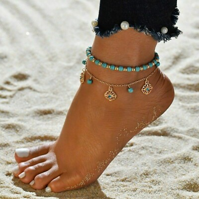 #ad New Turquoise Beaded Barefoot Beach Anklet Foot Chain Jewelry Ankle Bracelet $4.99