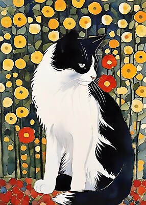 #ad 5x7 Cat Kitten Black White tuxedo Print Painting Art Work By Artist Luna A2 $14.99