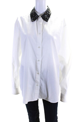 #ad Des Phemmes Womens Embellished Collar Poplin Button Up Shirt Blouse White IT 44 $97.21