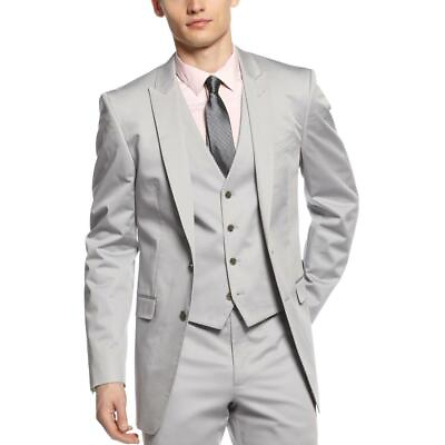 #ad Mens Calvin Klein Solid Light Gray Cotton Slim Fit Flat Front Dress Pants $39.00