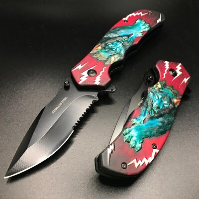 #ad 8quot; Red Wolf Spring Assisted Open Blade Folding Pocket Knife Hunting Survival $12.95