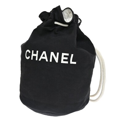 #ad CHANEL Logo Drawstring Shoulder Beach Bag Backpack Canvas Black White 07EA256 $138.00