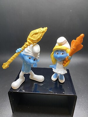 #ad McDonald#x27;s Clumsy Smurf Smurfette Toy Figure Staff Smurfs Lot of 2 $5.99