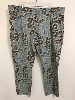 #ad LOGO Lori Goldstein Knit Pull On Capri Pant Size 3X Turquoise Brown Camo *Read $19.86