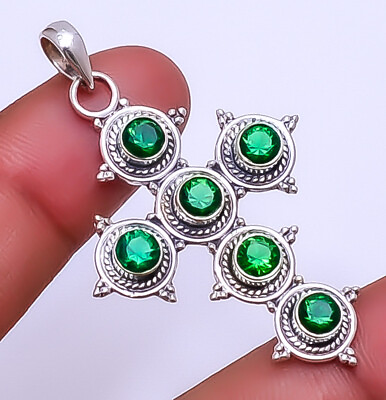 #ad Emerald Simulated 925 Sterling Silver Holy Cross Pendant 2.11quot; P 9263 119 11 $14.50