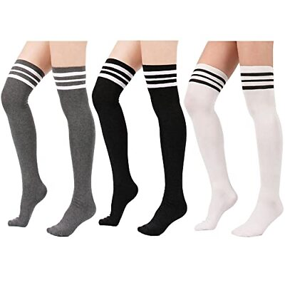 #ad Zando Women Triple Stripe Over the Knee High Socks 3Pair White Black Gray On... $25.49