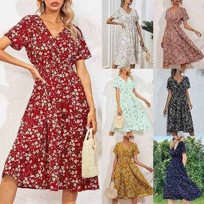 #ad Women#x27;s Boho V neck Chiffon Dress Lady Summer Short Sleeve Floral Print Sundress $20.59