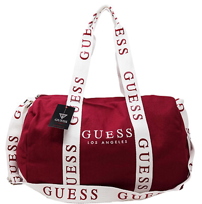 #ad NEW GUESS Red White Logo Canvas Gym Travel Lightweight Small Duffle Bag Handbag $39.99