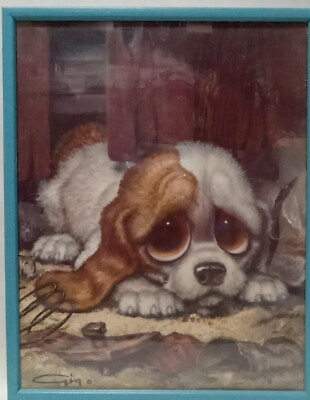 #ad Vintage 1960s GIG PITY PUPPY dog pound print FRAMED Good condition $55.00