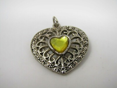 #ad Yellow Jewel Heart Necklace Pendant Vintage Silver Tone $8.99