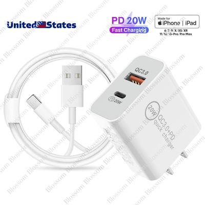 #ad For iPhone 14 13 12 11 Pro Max XR iPad 8 Fast Charger 20W Wall Adapter USB Cable $2.99