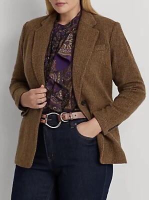 #ad LAUREN RALPH LAUREN Plus Size Wool Blend Herringbone Blazer In Brown Sz 18W NWT $192.59