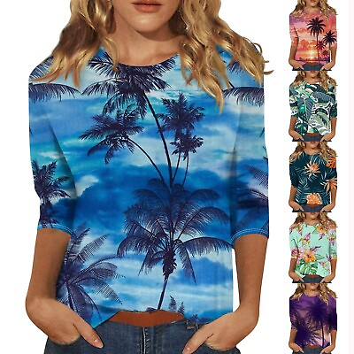 #ad Womens Tops Tees Casual 3 4 Sleeve Print Round Neck Blouses T Shirts Summer $12.12