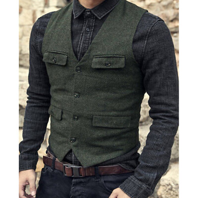 #ad Mens Vests Woolen Single Breasted Suit Vest Jacket Vintage Hot British Waistcoat $41.39