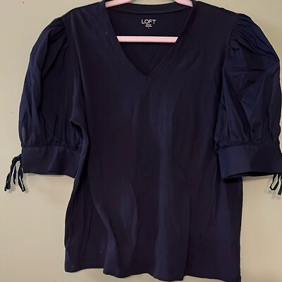#ad Loft outlet puffed short sleeve navy top with band and tie on sleeve NWOT. Large $12.00
