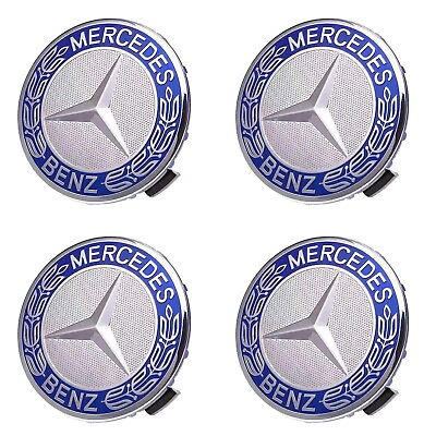 #ad SET OF 4 Mercedes Benz 75MM Classic Dark Blue Wheel Center Hub Caps AMG Wreath $22.89