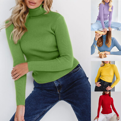 #ad Women#x27;s Long Sleeve Ribbed Stretch Fitted Solid Colors Basic Turtle Neck Sweater GBP 10.29