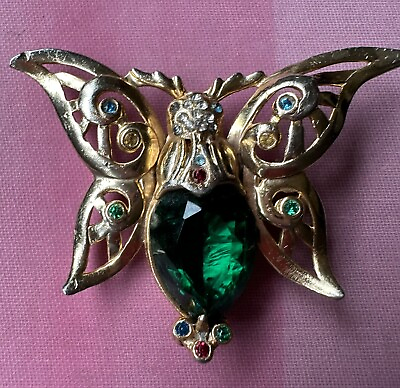 #ad Vintage 1930s Reja butterfly green jelly belly gold plated rhinestone pin brooch $65.00