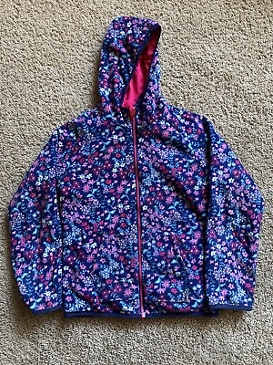 #ad Eddie Bauer Reversible Hooded Spring Jacket Pink Blue Floral Fleece Girls Youth $15.99
