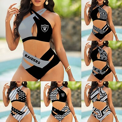 #ad Las Vegas Raiders Women#x27;s 2PCS Bikini Swimsuit Cross Criss Cutout Bathing Suit $23.74