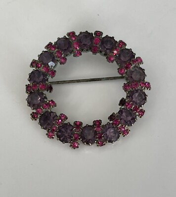 #ad Pink Rhinestone Wreath Brooch Vintage Round Pin Shades Of Purple 1.5” $18.99