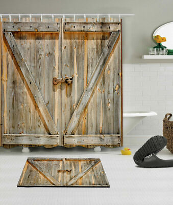 #ad Rustic Retro Barn Wood Door Fabric Shower Curtain Set Bathroom Mat Decor Hooks $22.31