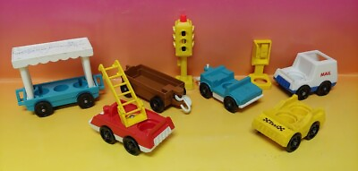 #ad 8 Vintage 1984 Fisher Price Little People Toy F P Toys Mail Taxi Vehicle car Lot $39.99