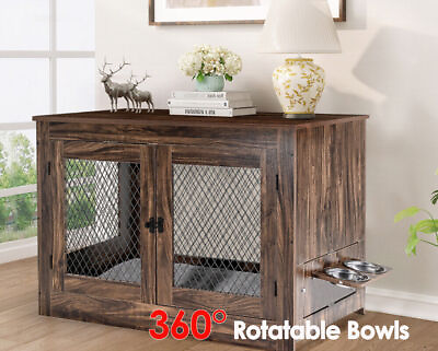 #ad Large Indoor Wooden Dog Kennel Large Dog Crate Furniture TV Stand w Dog Feeder $195.79