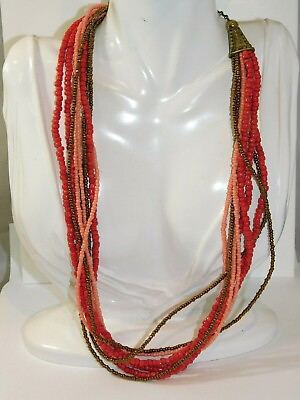 #ad Peach Coral Bronze Glass Seed Bead Multi Strand Rope Long Necklace Cj 37 $34.99