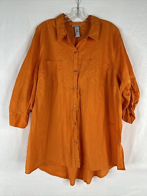 #ad Catherines Button Up Tunic Top Womens Plus Size 2X Orange Roll Tab Sleeve Cotton $27.77