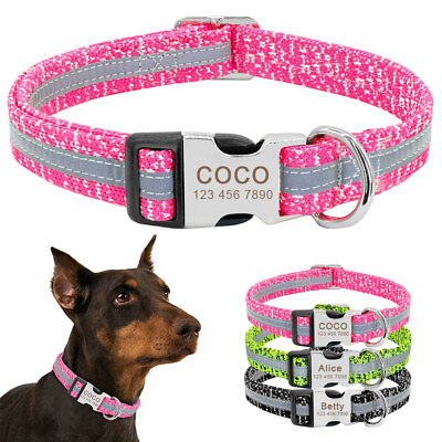Personalized Reflective Webbing Dog Collars Custom Pet Name Plate ID Tag S M L $7.48