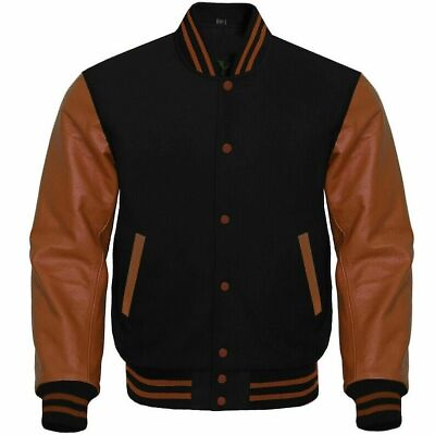 #ad Black Wool amp; Brown Leather Sleeves Varsity Letterman Bomber Jacket EUR 87.99