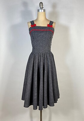 #ad Vintage 1950#x27;s grey swirl cotton sun dress with circle skirt amp; red bow details M $145.00